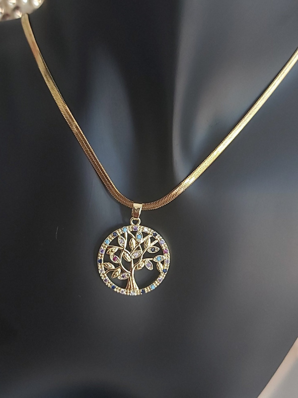 18k Gold Plating And Rhinestone Tree Pendant Necklace